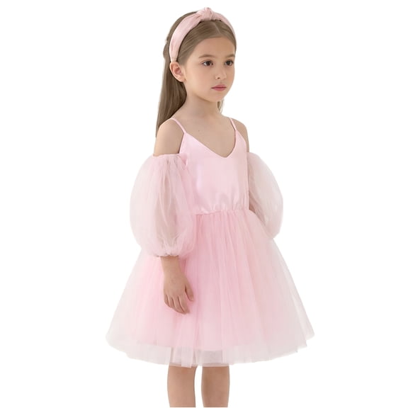 2Bunnies Girls' 3T-8Y Sheer Puff Sleeve Off-Shoulder Tulle Party Flower Girl Dress
