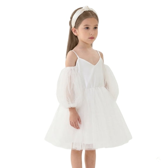 2Bunnies Girls' 3T-8Y Sheer Puff Sleeve Off-Shoulder Tulle Party Flower Girl Dress