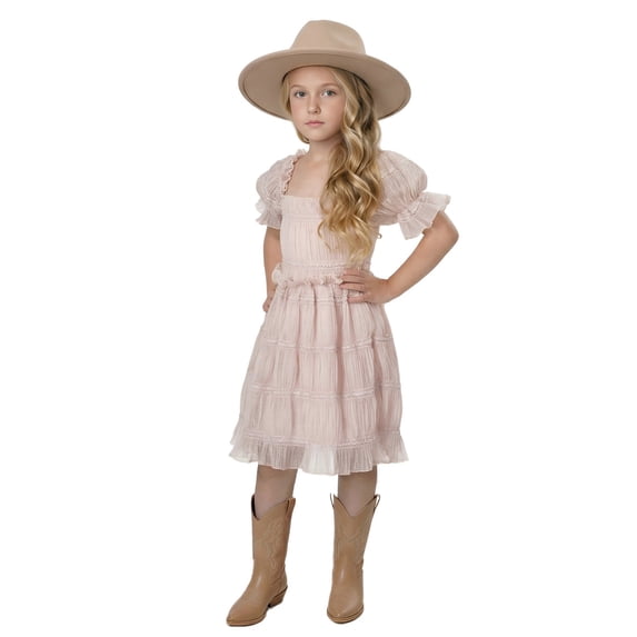 2Bunnies Girls' 4T-6yr Vintage Boho Rustic Puff Sleeve Textured Ruffle Dress