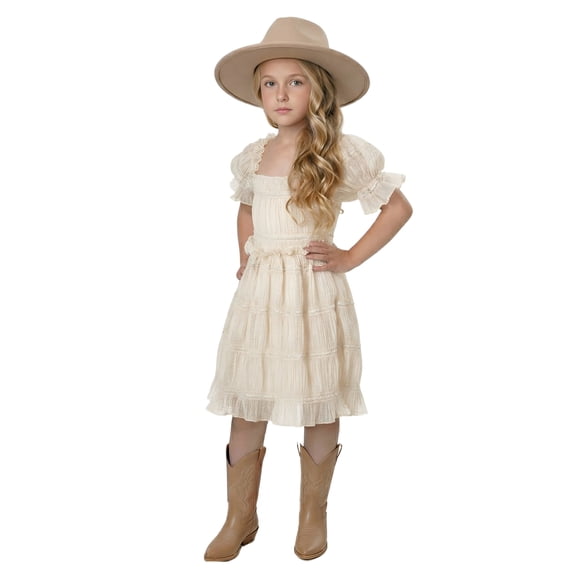 2Bunnies Girls' 4T-6yr Vintage Boho Rustic Puff Sleeve Textured Ruffle Dress