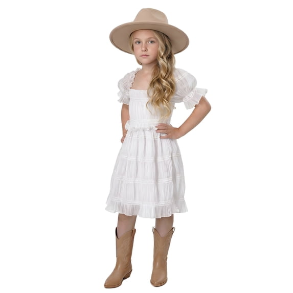 2Bunnies Girls' 4T-6yr Vintage Boho Rustic Puff Sleeve Textured Ruffle Dress