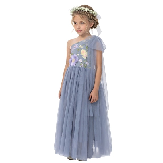 2Bunnies Girls' 5yr-12yr One Shoulder Adjustable Strap Embroidered Flower Girl Dress