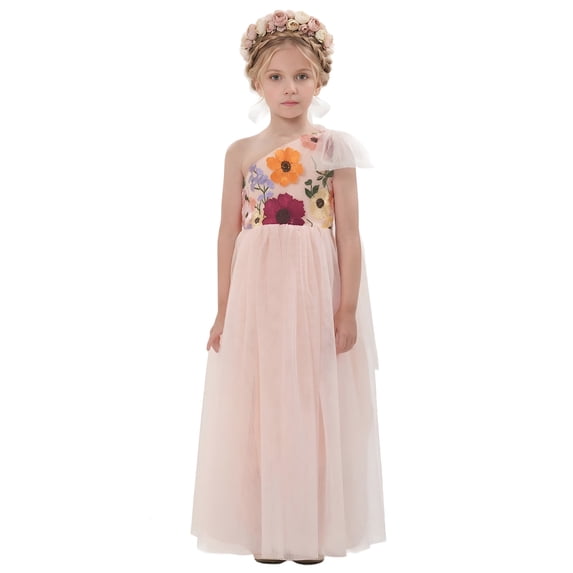 2Bunnies Girls' 5yr-12yr One Shoulder Adjustable Strap Embroidered Flower Girl Dress