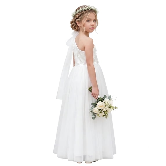 2Bunnies Girls' 5yr-12yr One Shoulder Adjustable Strap Embroidered Flower Girl Dress