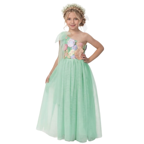 2Bunnies Girls' 5yr-12yr One Shoulder Adjustable Strap Embroidered Flower Girl Dress