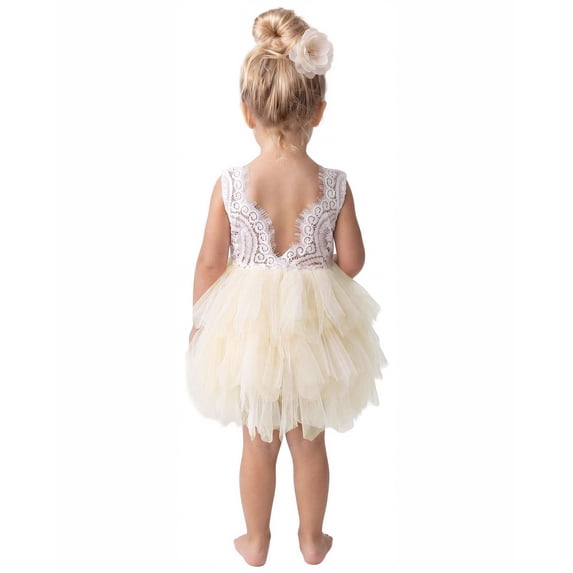 2Bunnies Girls' 6M-10Y Beaded Peony Lace Tiered Sleeveless Knee Flower Girl Dress