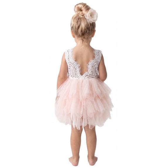 2Bunnies Girls' 6M-10Y Beaded Peony Lace Tiered Sleeveless Knee Flower Girl Dress