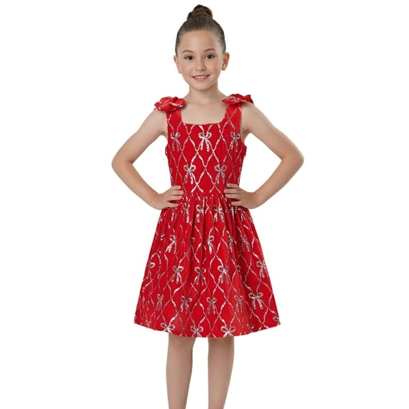 2Bunnies Girls' Christmas New Year Holiday Party Velvet Sequin Bow Dress