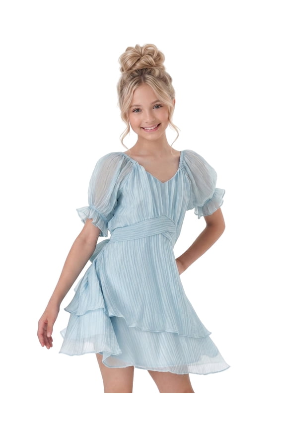 Girls' 8Y-14Y Tween Teen Pleated Textured Crinkle Chiffon Tiered Dress