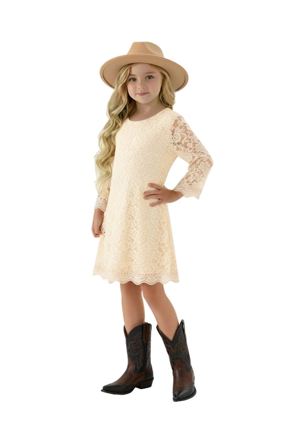 Girls' 3T-12Y Boho Country Rustic Lace Scalloped Trim Sleeve Flower Girl Dress