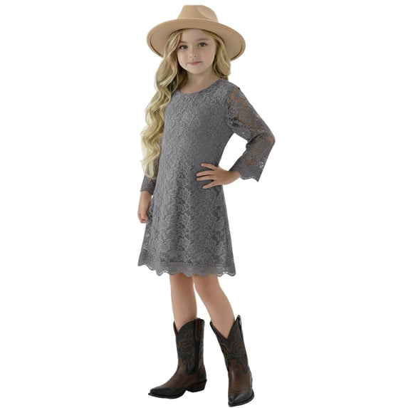 2Bunnies Girls' 3T-12Y Boho Country Rustic Lace Scalloped Trim Sleeve Flower Girl Dress