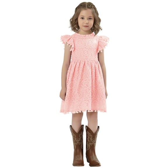 2Bunnies Girls’ Vintage Lace Pom Pom Trim Flutter Sleeve Party Dress
