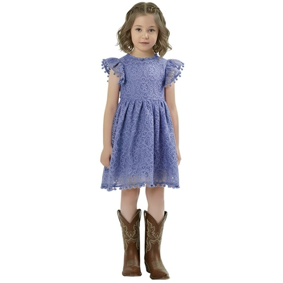 2Bunnies Girls’ Vintage Lace Pom Pom Trim Flutter Sleeve Party Dress