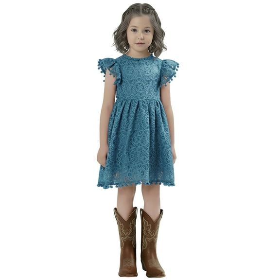 2Bunnies Girls’ Vintage Lace Pom Pom Trim Flutter Sleeve Party Dress