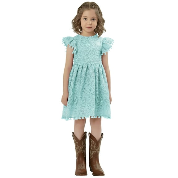 2Bunnies Girls’ Vintage Lace Pom Pom Trim Flutter Sleeve Party Dress