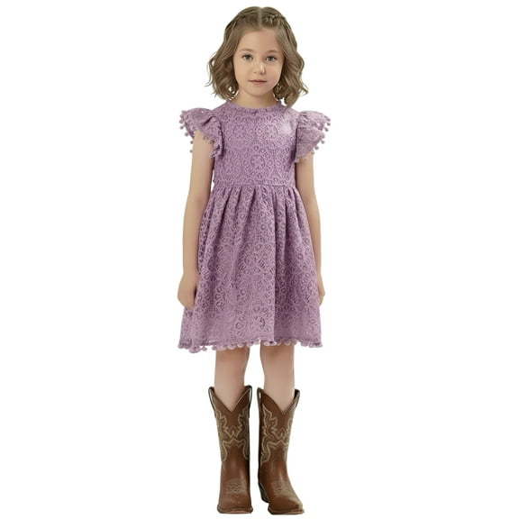2Bunnies Girls’ Vintage Lace Pom Pom Trim Flutter Sleeve Party Dress
