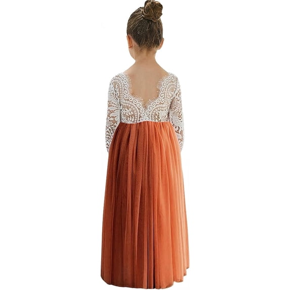 2Bunnies Girls' 12M-12yr Peony Lace Straight Long Sleeve Maxi Flower Girl Dress