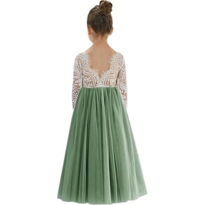 2Bunnies Girls' 12M-12yr Peony Lace Straight Long Sleeve Maxi Flower Girl Dress