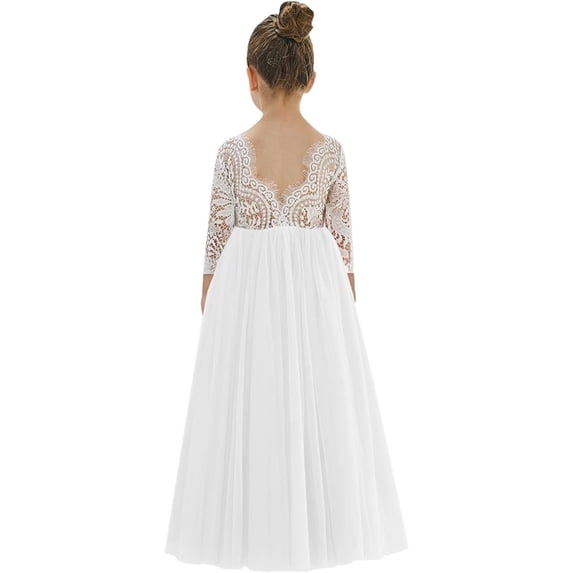 2Bunnies Girls' 12M-12yr Peony Lace Straight Long Sleeve Maxi Flower Girl Dress