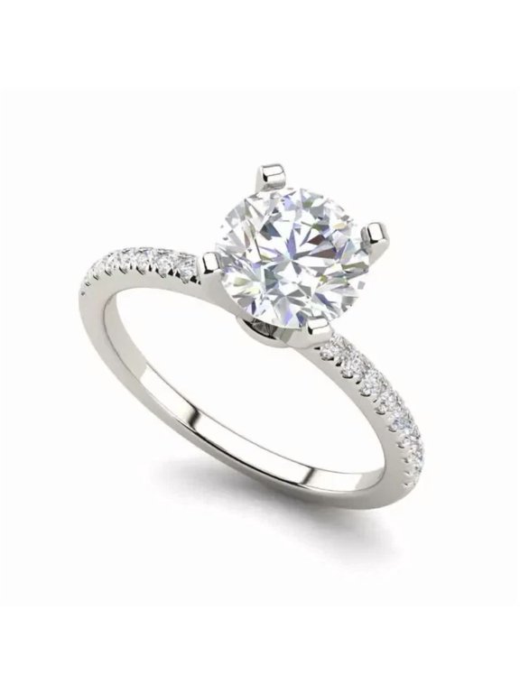 2C Round Cut Simulated Diamond Womens Solitaite With Accents Valentine Special Ring 14K White Gold Plated Silver