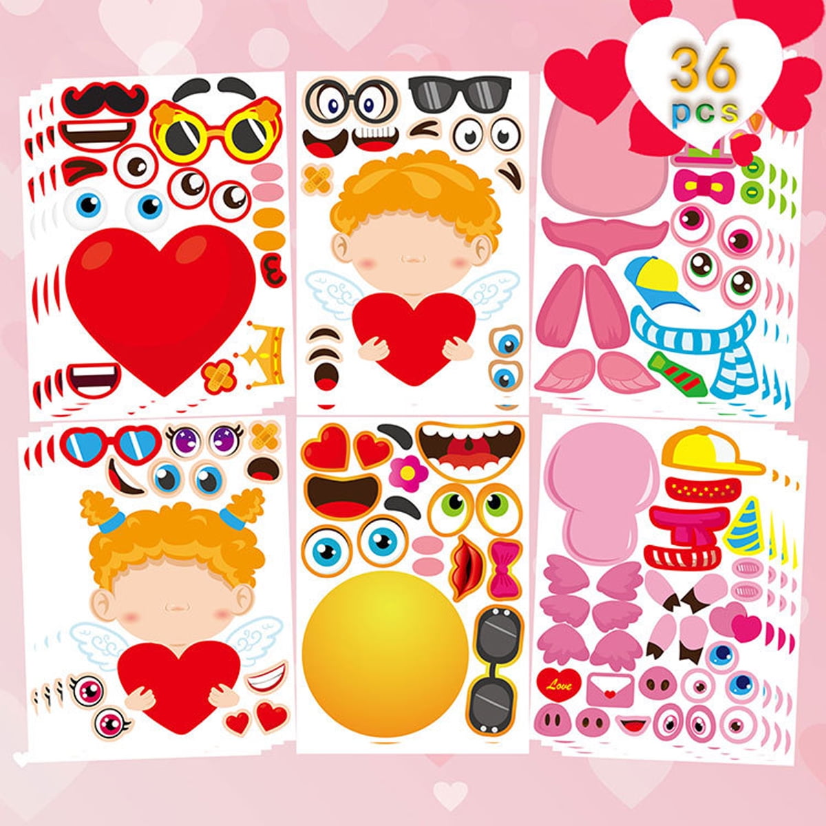 2CFUN Valentines DIY Stickers Kids Valentines Party Games Sticker for Valentines Party Gift 36 Sheets