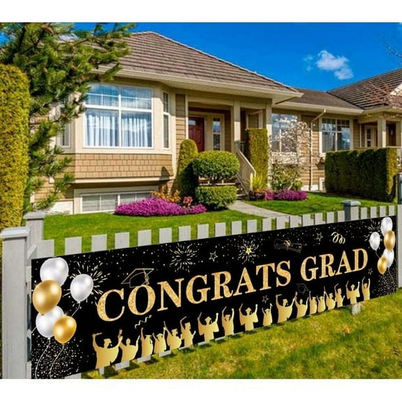 Graduation Decoration 2025 Congrats Grad Banner Yard Sign Class of 2025 Banner Photo Booth Backdrop College Graduation Party Supplies Black 19" X 118"