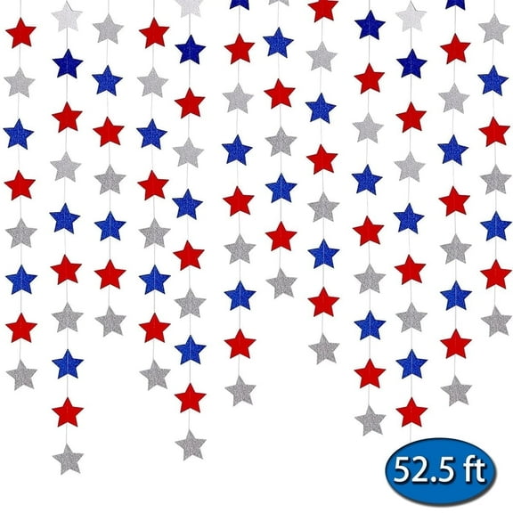 4th of July Decorations Glitter Star Banner Patriotic Decoration Independence Day Banner for Home Decor 52.5 Ft
