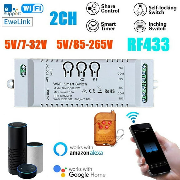 2CH WiFi Smart Switch DIY +Remote 85-265V WiFi+RF433+BT Home Automation Module for Alexa Home IFTT