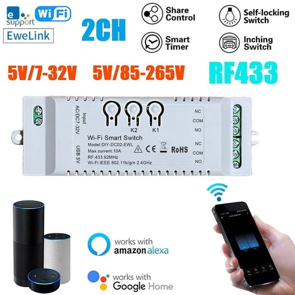2CH WiFi Smart Switch DIY Timer 85-265V 2.4G WiFi+RF433+BT Home Automation Module for Home IFTT,1 * Smart Switch,White