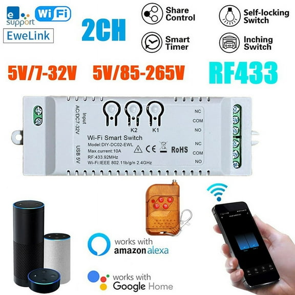 2CH WiFi Smart Switch DIY Timer+Remote 7-32V WiFi+RF433+BT Home Automation Module for Home IFTT,1 * Smart Switch 1 * Remote control,White