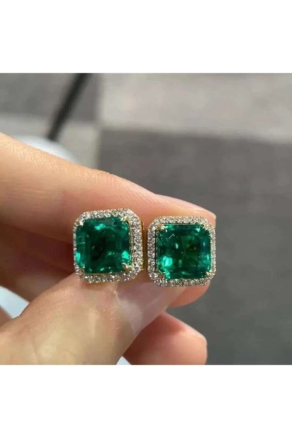 2CT Asscher Cut Green Emerald 925 Silver Women's Stud Earrings In 14K Yellow Gold Plated