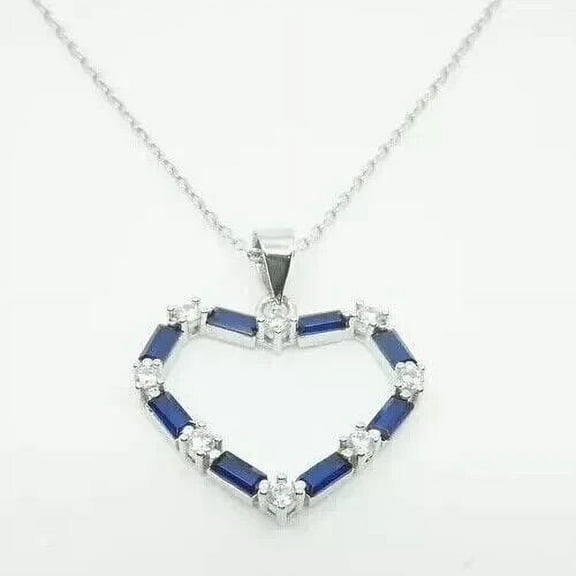 2CT Baguette Cut Simulated Blue Sapphire Heart Women Pendant 14K White Gold Plated Free 18" Chain