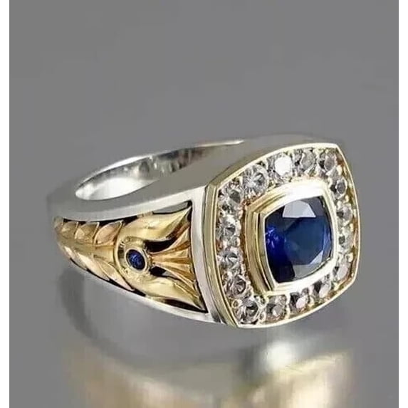 2CT Cushion Cut Lab Created Sapphire Men's Wedding Ring 14k Two Tone Gold Finish