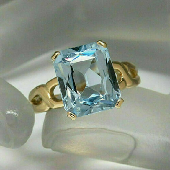 2CT Emerald Cut Aquamarine 925 Silver Solitaire Engagement Ring 14k Yellow Gold Plated