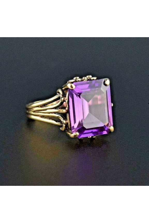 2CT Emerald Cut Lab Created Amethyst Women's Wedding Ring 14K Yellow Gold Plated