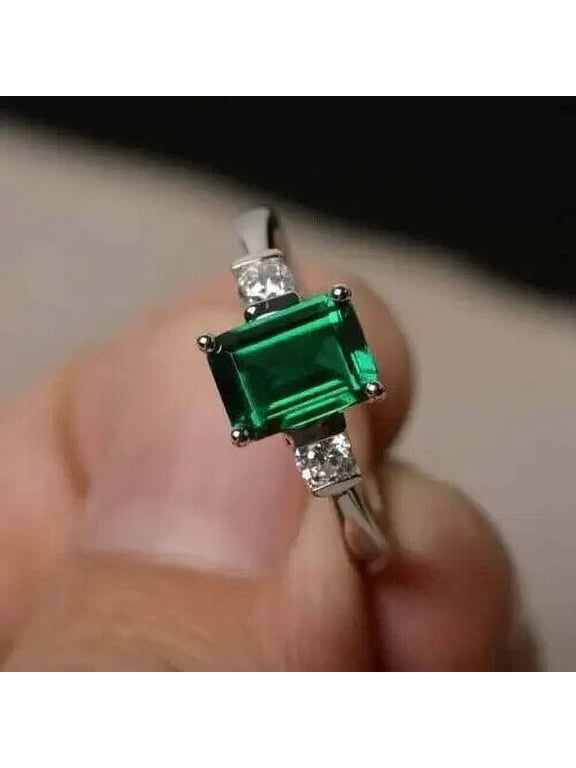 2CT Emerald Cut Lab Created Green Emerald Women's Ring 14K White Gold Plated