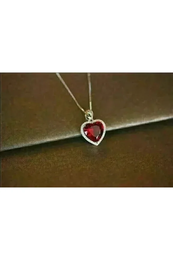 2CT Heart Cut Lab Created Red Ruby Halo Women's Pendant 14K White Gold Plated