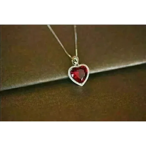 2CT Heart Cut Lab Created Red Ruby Halo Women's Pendant 14K White Gold Plated