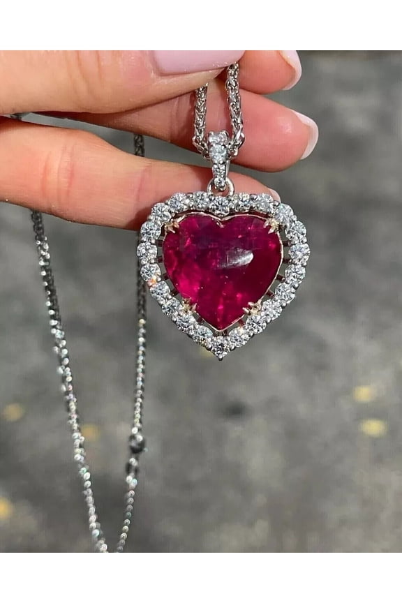 2CT Heart Cut Red Ruby Diamond Halo Pendant Necklace For Women 14K White Gold Plated