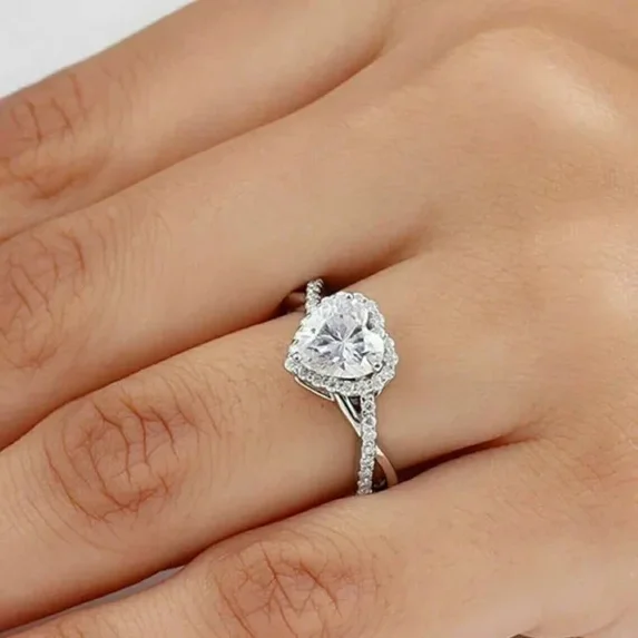2CT Heart Cut Simulated Diamond Halo Women's Engagement Ring 14K White Gold Plated 925 Silver