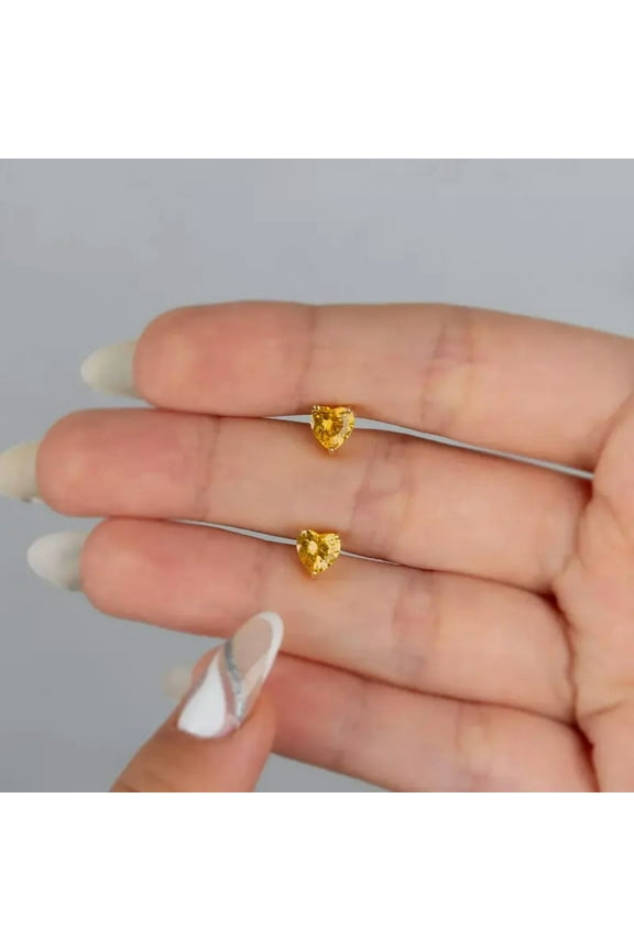 2CT Heart Solitaire Yellow Citrine Stud Earrings for Women, 14K Yellow Gold Plated 925 Sterling Silver, Push Back Classic Jewelry Gift