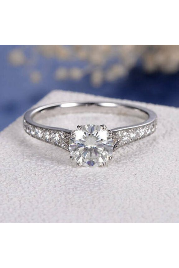 2CT Lab-Created Round Cut Simulated Diamond Engagement Ring 14K White Gold Plated Silver