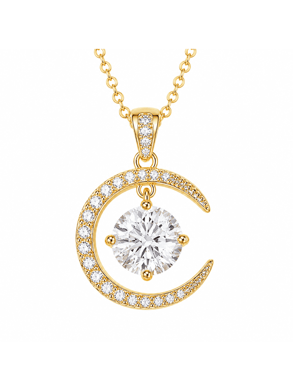 2CT Round Cut Moissanite Moon Pendant Necklace for Women, 18K Yellow Gold Plated, D Color VVS1, 925 Sterling Silver
