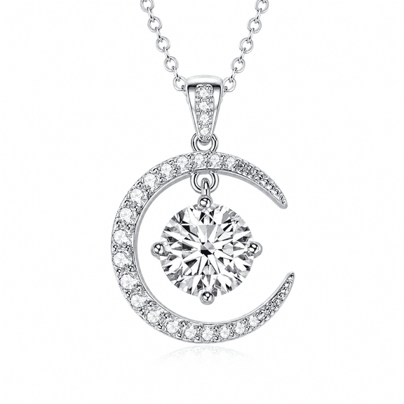Vionarel 2CT Round Cut Moissanite Moon Pendant Necklace for Women, 18K White Gold Plated, D Color VVS1, 925 Sterling Silver
