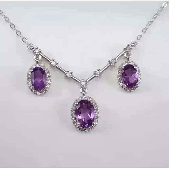 2CT Oval Cut Amethyst 925 Silver Women's Drop Necklace 14k White Gold Plated