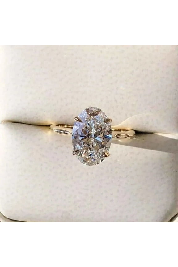 2CT Oval-Cut Lab Created Diamond Hidden Halo Engagement Ring 14K Yellow Gold Plated Silver