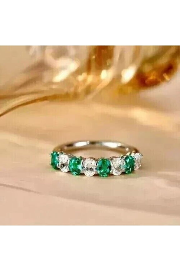 2CT Oval Cut Lab Created Green Emerald Engagement Band Women's Ring 14K White Gold Plated Sterling Silver