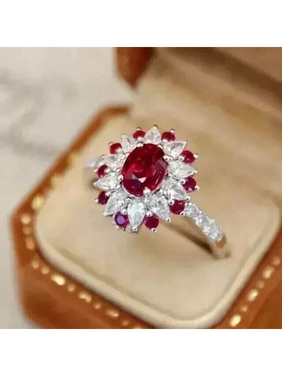 2CT Oval Cut Lab-Created Ruby Diamond Women's Wedding Ring 14K White Gold Plated