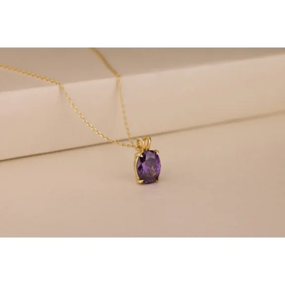 2CT Oval Cut Purple Amethyst Solitaire Pendant Necklace with Chain | 14K Yellow Gold Plated 925 Sterling Silver | Classic Jewelry Gift for Women