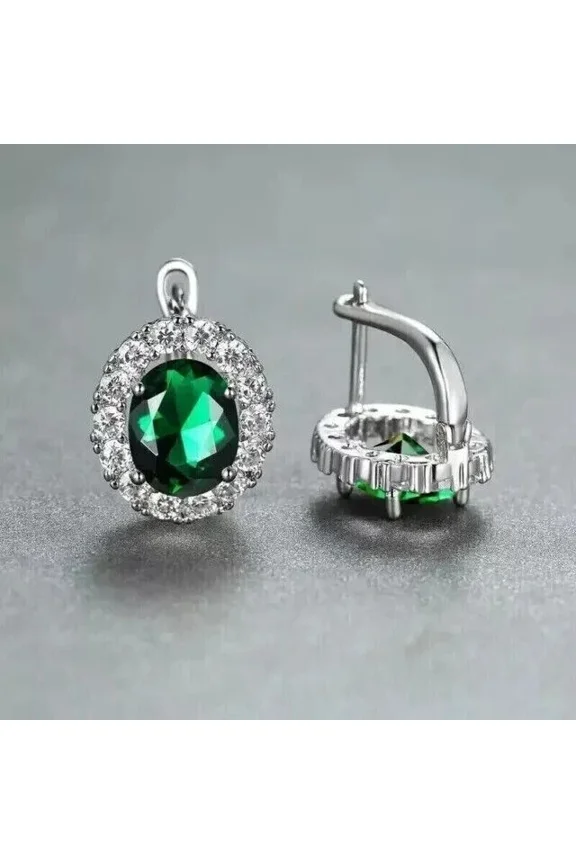 2CT Oval Cut Simulated Green Emerald Huggie Hoop Earrings 14k White Gold Plated